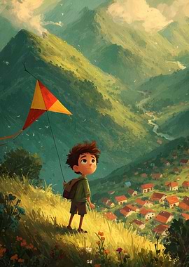 Boy with Kite in Mountain Landscape