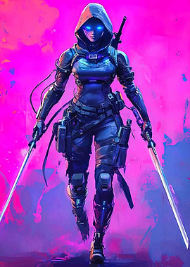 Cyberpunk Warrior with Swords