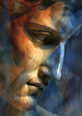 Abstract Face Sculpture with Blue Overlay