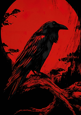 Raven Perched Under a Red Moon