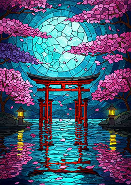 Stained Glass Torii Gate and Cherry Blossoms