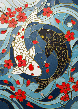 Yin Yang Koi Fish with Cherry Blossoms