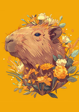 Capybara with Flowers on Yellow Background