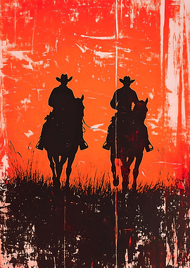 Two Cowboys Riding Horses Silhouette Art