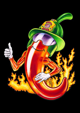 Funny Cartoon Firefighter Chili On Fire Gives Thumbs Up