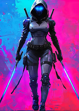 Cyberpunk Ninja Assassin with Glowing Swords