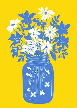 Blue Jar with White and Blue Flowers