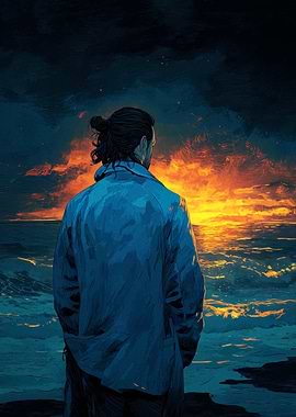 Man Gazing at Fiery Ocean Sunset