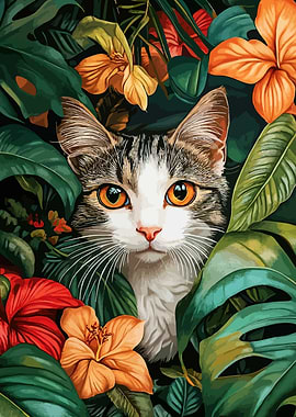Cat in Tropical Floral Foliage