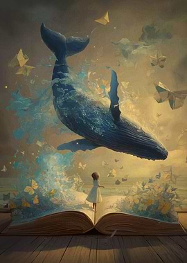Whale emerging from book with girl