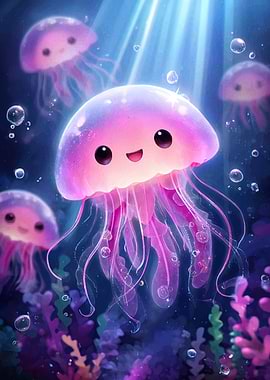 Cute Pink Jellyfish Cartoon Illustration