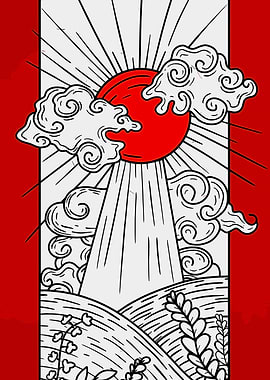 Japanese Landscape with Sun and Clouds