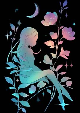 Ethereal Girl with Flowers and Moon