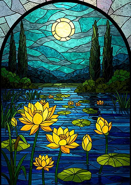 Stained Glass Lotus Pond Landscape