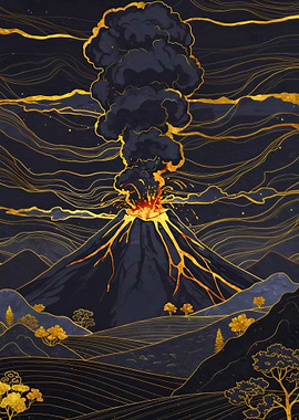 Volcano Eruption with Golden Accents