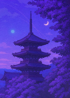 Purple Japanese Pagoda Night Scene
