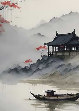 Japanese Landscape with Temple and Boat