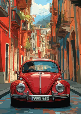 Red Volkswagen Beetle in Italian Street