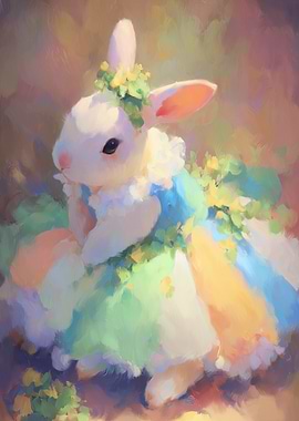 Elegant Bunny in Floral Dress Painting