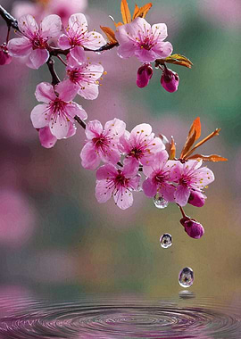 Pink Cherry Blossoms with Water Droplets