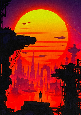 Dystopian Cityscape with Figure and Sunset