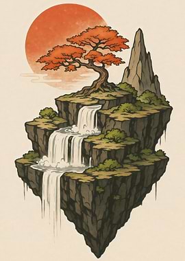 Floating Island with Waterfall and Tree