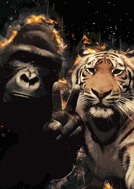 Gorilla and Tiger Peace Sign Art