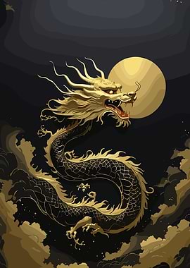 Golden Dragon and Moon Illustration