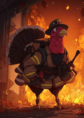 Turkey Firefighter Cartoon Illustration