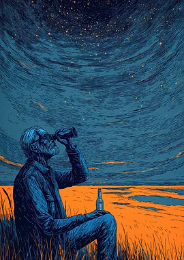 Man with Binoculars Under Starry Sky
