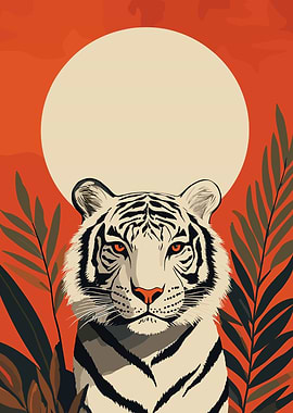 White Tiger with Moon and Foliage