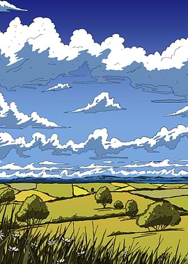 Cartoon Landscape with Fields and Clouds
