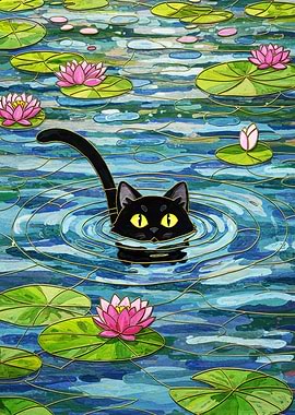 Black cat swimming in a pond