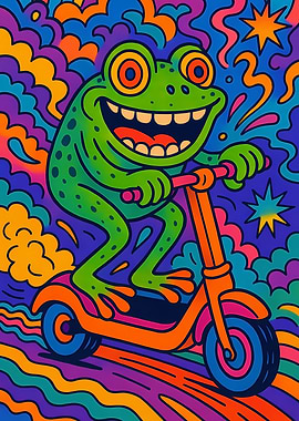 Frog on Scooter Psychedelic Art