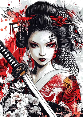 Geisha with Dragon and Katana Art
