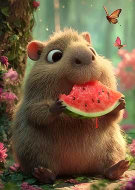 Capybara eating watermelon in a forest
