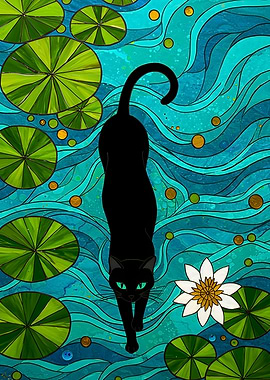 Black Cat in Lily Pond