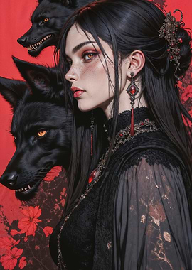 Gothic Woman with Wolves Portrait