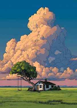 House, Tree, and Clouds Landscape
