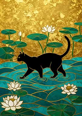 Black Cat in Lotus Pond