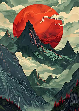 Red Sun Mountain Landscape