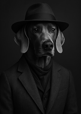Weimaraner Dog in Suit and Hat Portrait