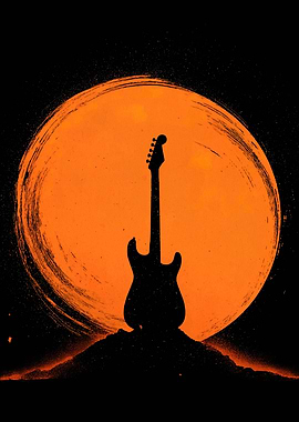 Guitar Silhouette with Orange Sun