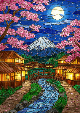 Japanese Landscape Stained Glass Style