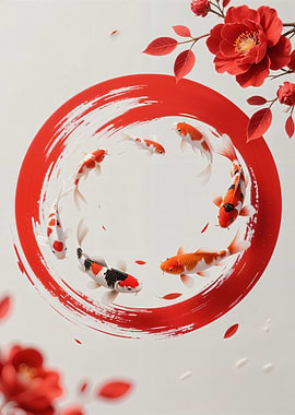 Koi Fish Circle with Red Flowers