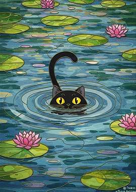 Black Cat in Lily Pond