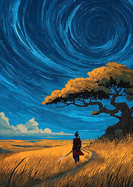 Samurai under swirling starry sky