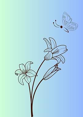 Floral Line Art with Butterfly