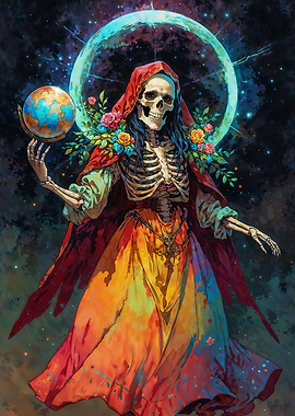 Santa Muerte with Globe and Flowers