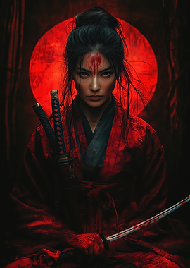 Female Samurai with Red Moon